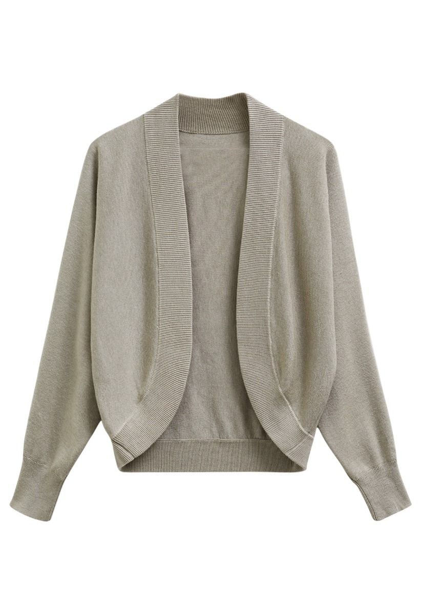 Minimalist Open-Front Ribbed Edge Knit Cardigan in Khaki