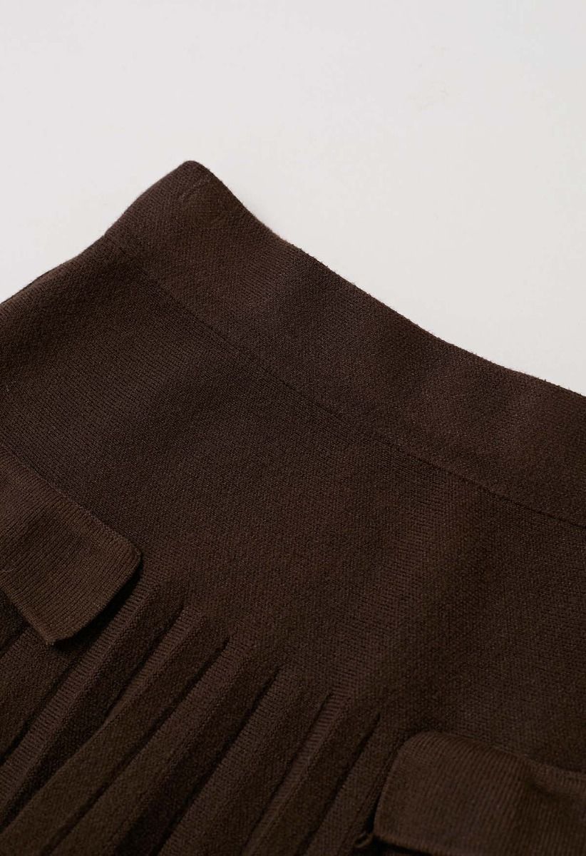 Decorative Pocket Pleated Knit Mini Skirt in Brown