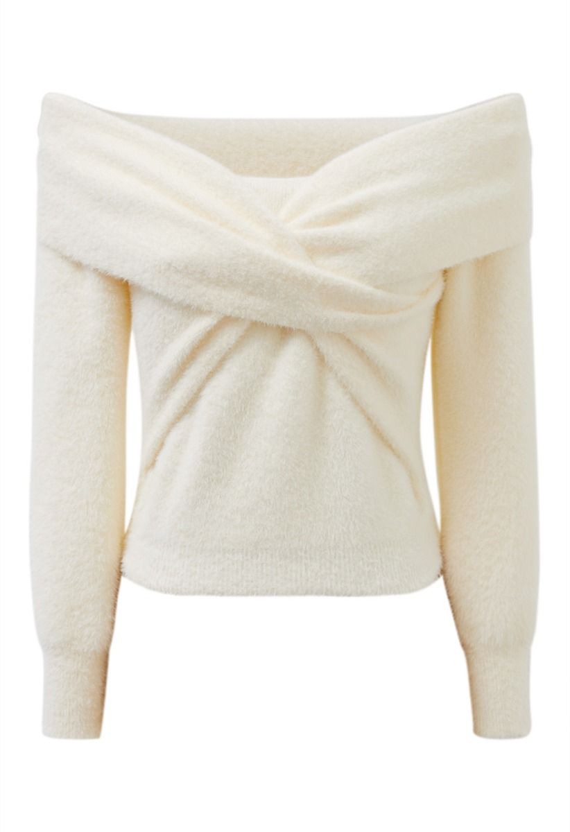 Crisscross Front Off-Shoulder Fuzzy Knit Top in Cream