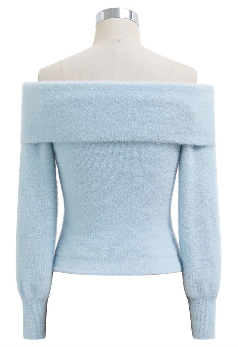 Crisscross Front Off-Shoulder Fuzzy Knit Top in Baby Blue