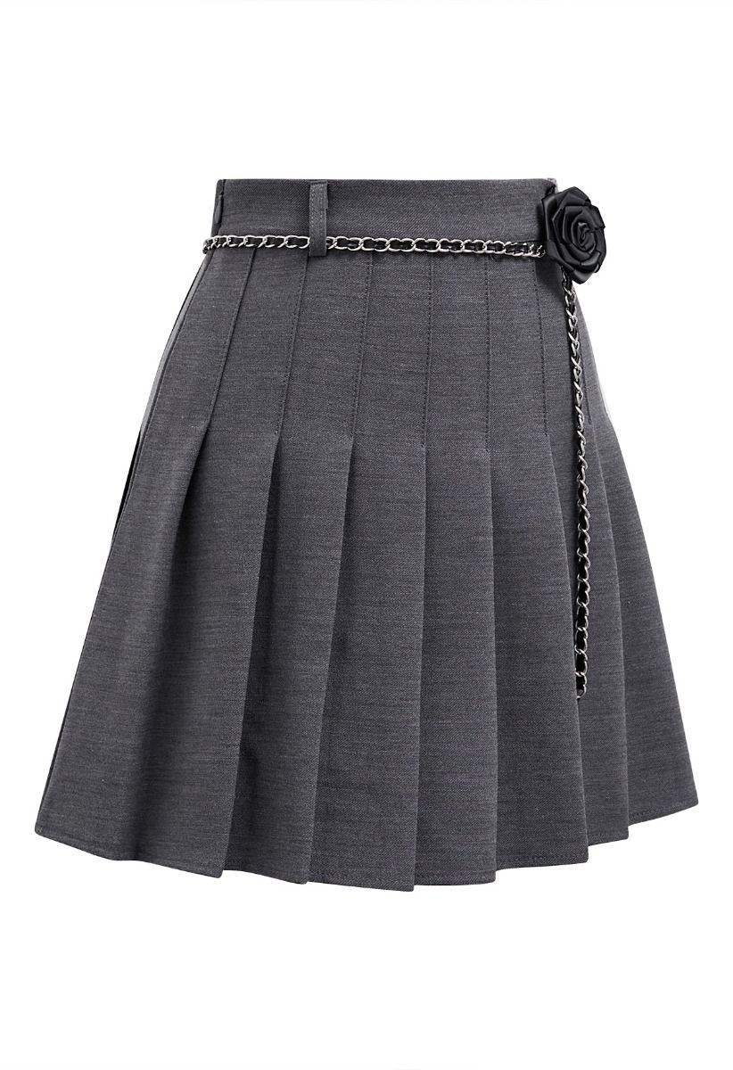 Rose Brooch Chain Belt Pleats Mini Skirt in Smoke