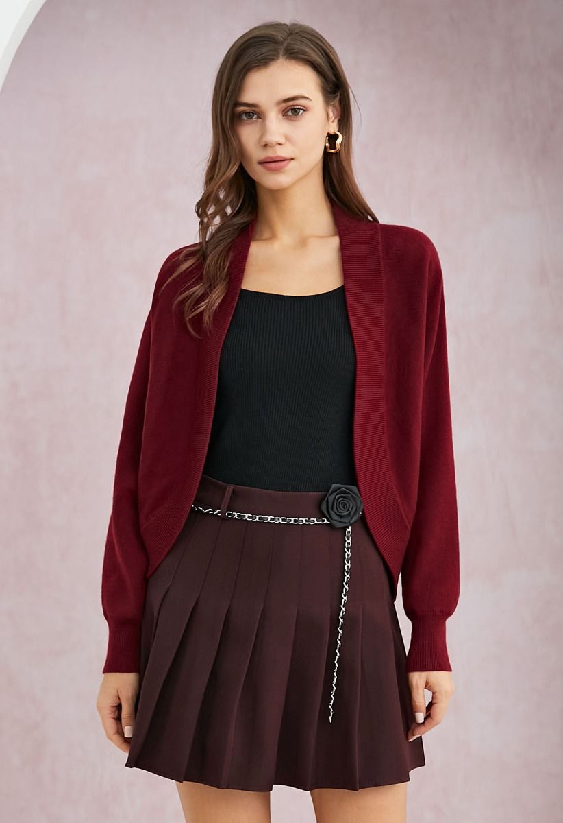 Minimalist Open-Front Ribbed Edge Knit Cardigan in Red