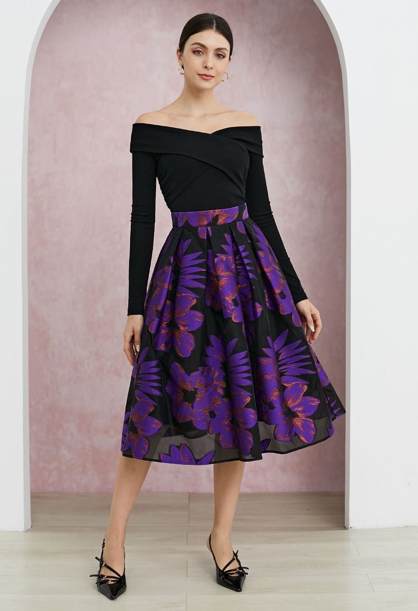 Enticing Floral Jacquard Pleated Organza Midi Skirt in Purple