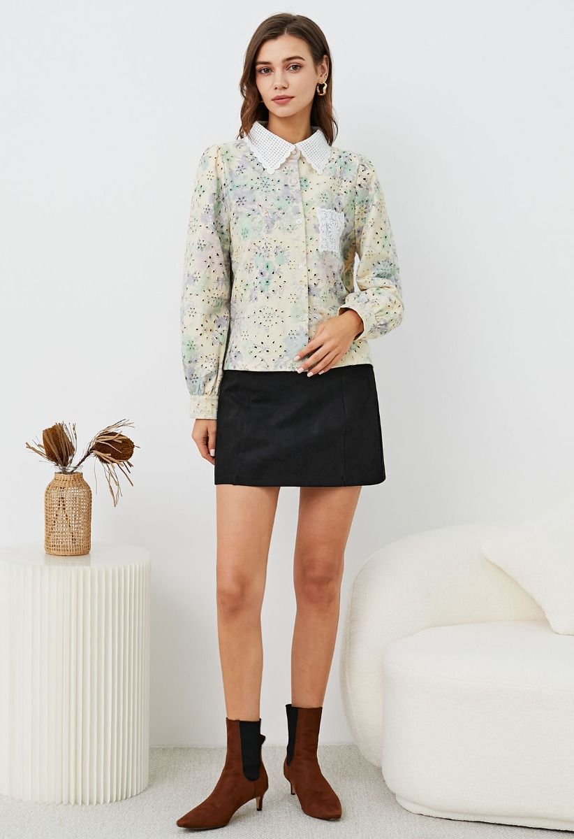 Rose Printed Eyelet Embroidered Patch Pocket Denim Shirt