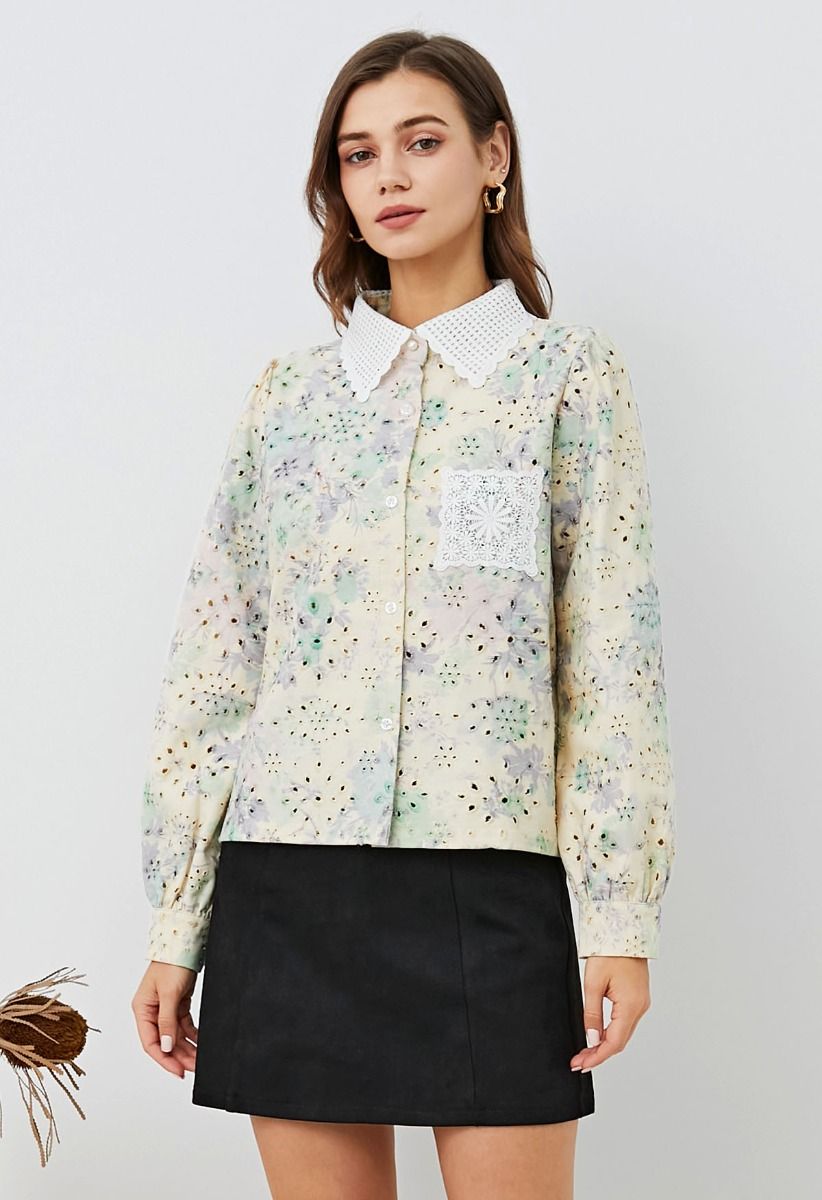 Rose Printed Eyelet Embroidered Patch Pocket Denim Shirt