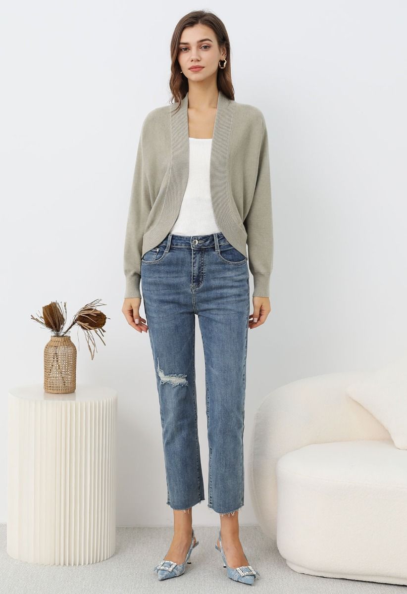 Minimalist Open-Front Ribbed Edge Knit Cardigan in Khaki