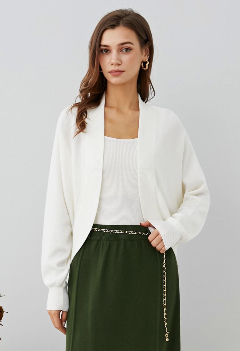 Minimalist Open-Front Ribbed Edge Knit Cardigan in White