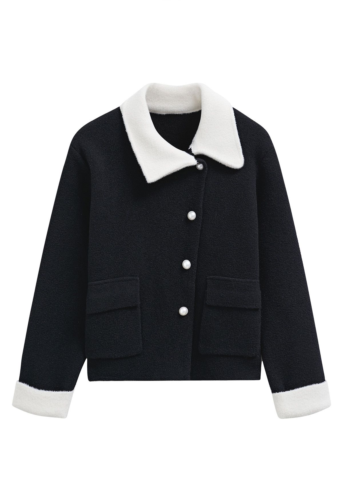 Contrasting Trim Flap Pocket Buttoned Knit Coat in Black