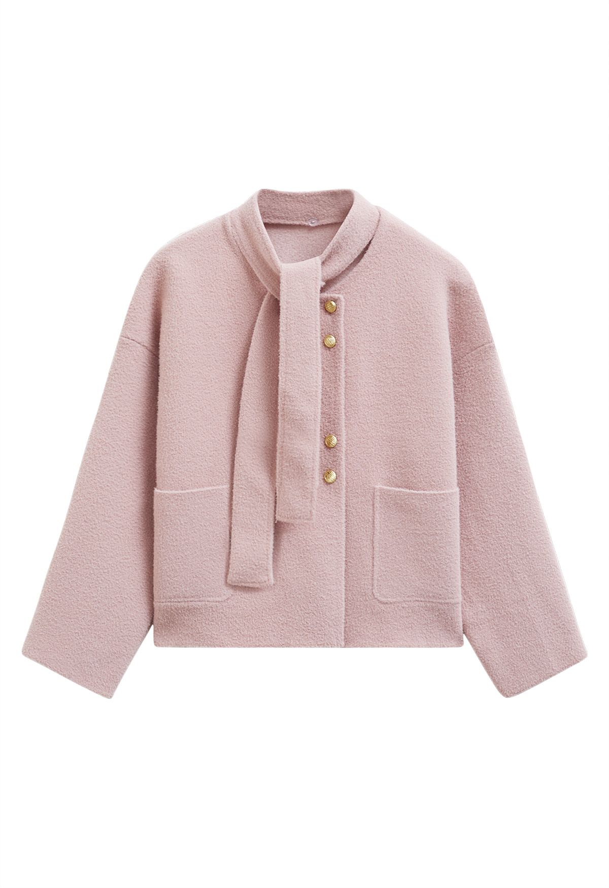 Detachable Tie-Neck Golden Button Knit Coat in Pink