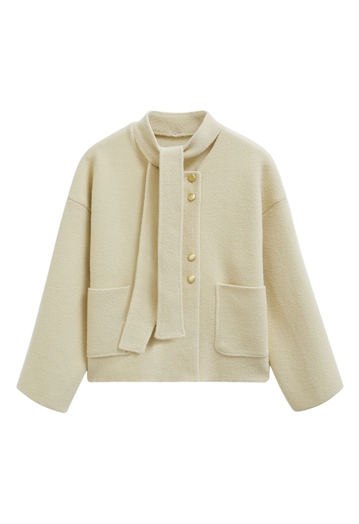 Detachable Tie-Neck Golden Button Knit Coat in Light Yellow