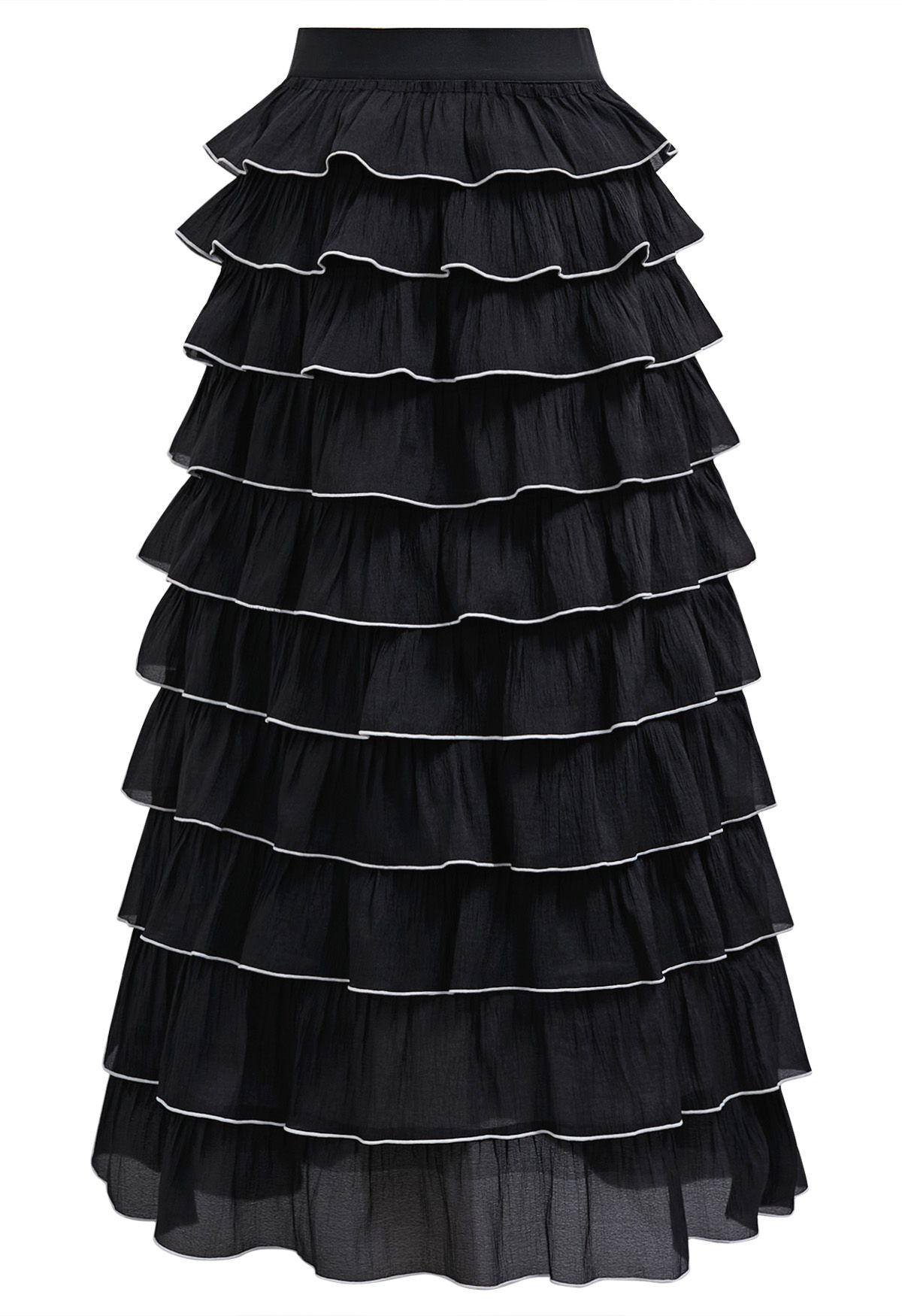 Contrasting Edges Tiered Ruffle Maxi Skirt in Black