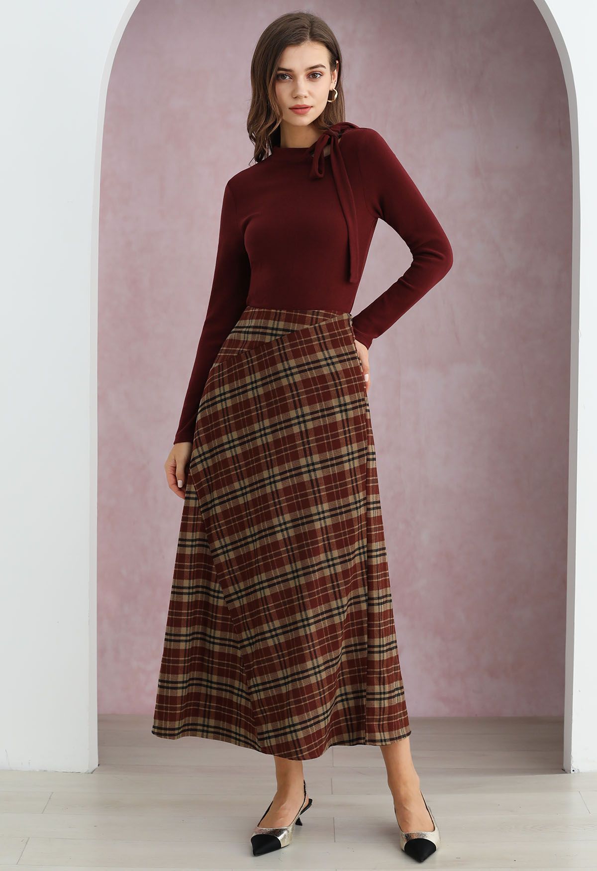 Plaid Lovely Irregular Fake Flap Maxi Skirt in Burgundy