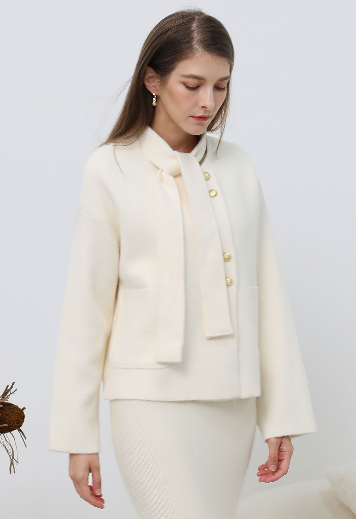 Detachable Tie-Neck Golden Button Knit Coat in Cream