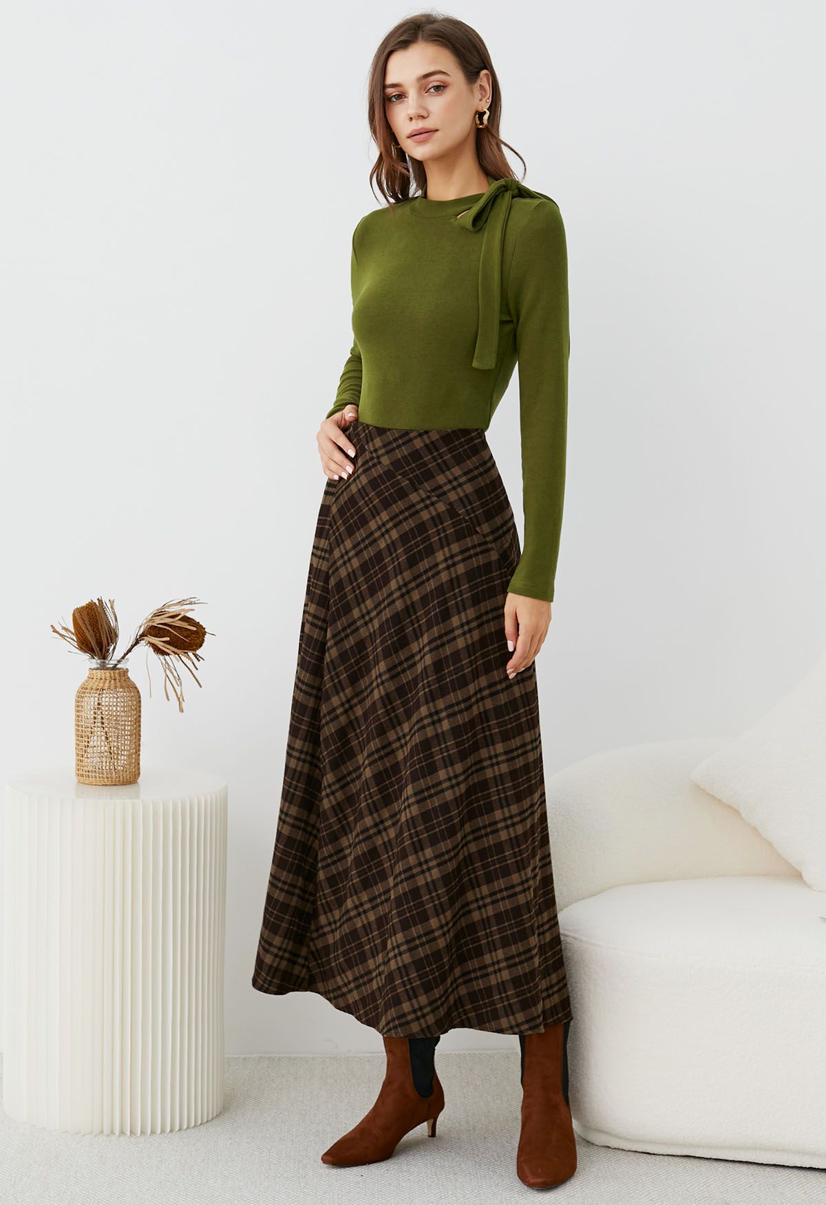 Plaid Lovely Irregular Fake Flap Maxi Skirt in Brown