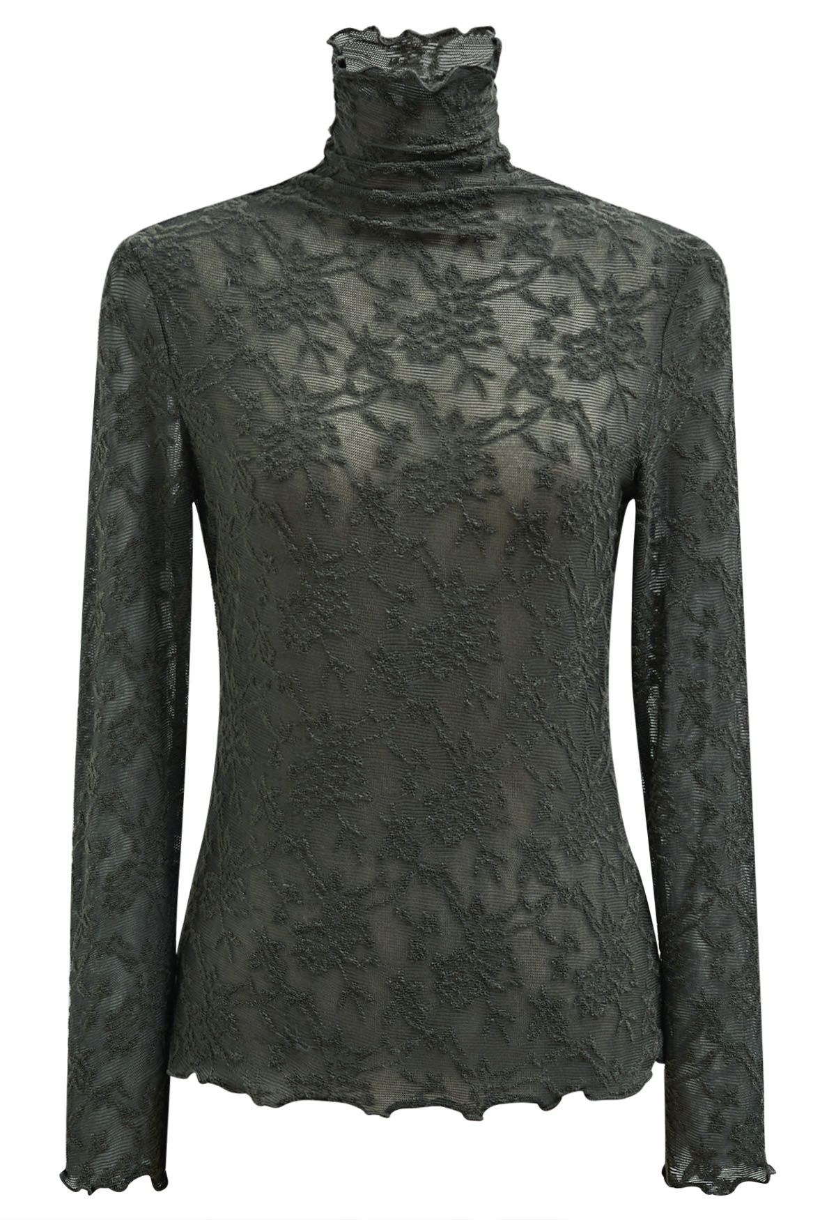 Floral Fantasy High Neck Mesh Long-Sleeve Top in Army Green