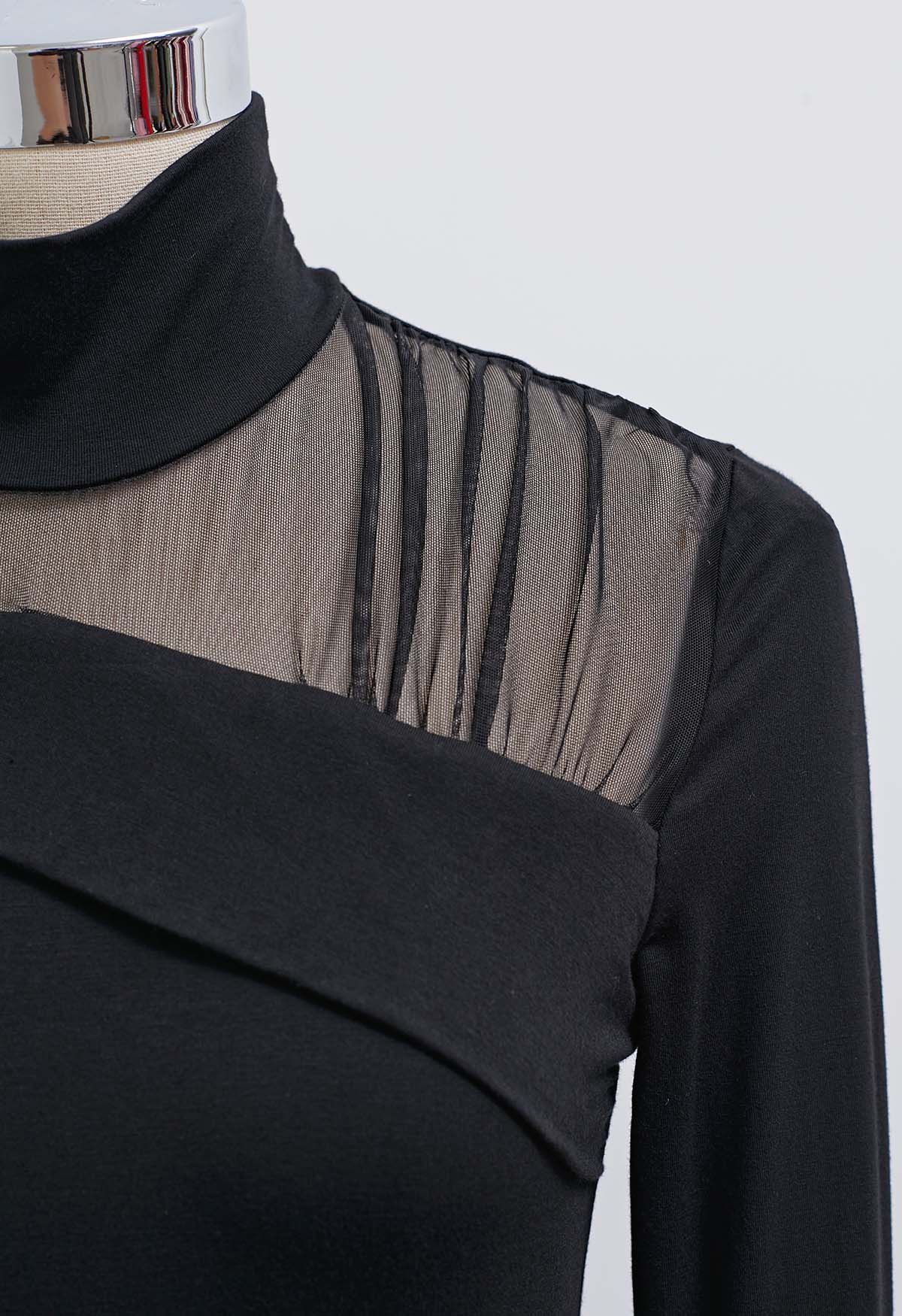 Sheer Elegance Asymmetric Mesh Spliced High Neck Top