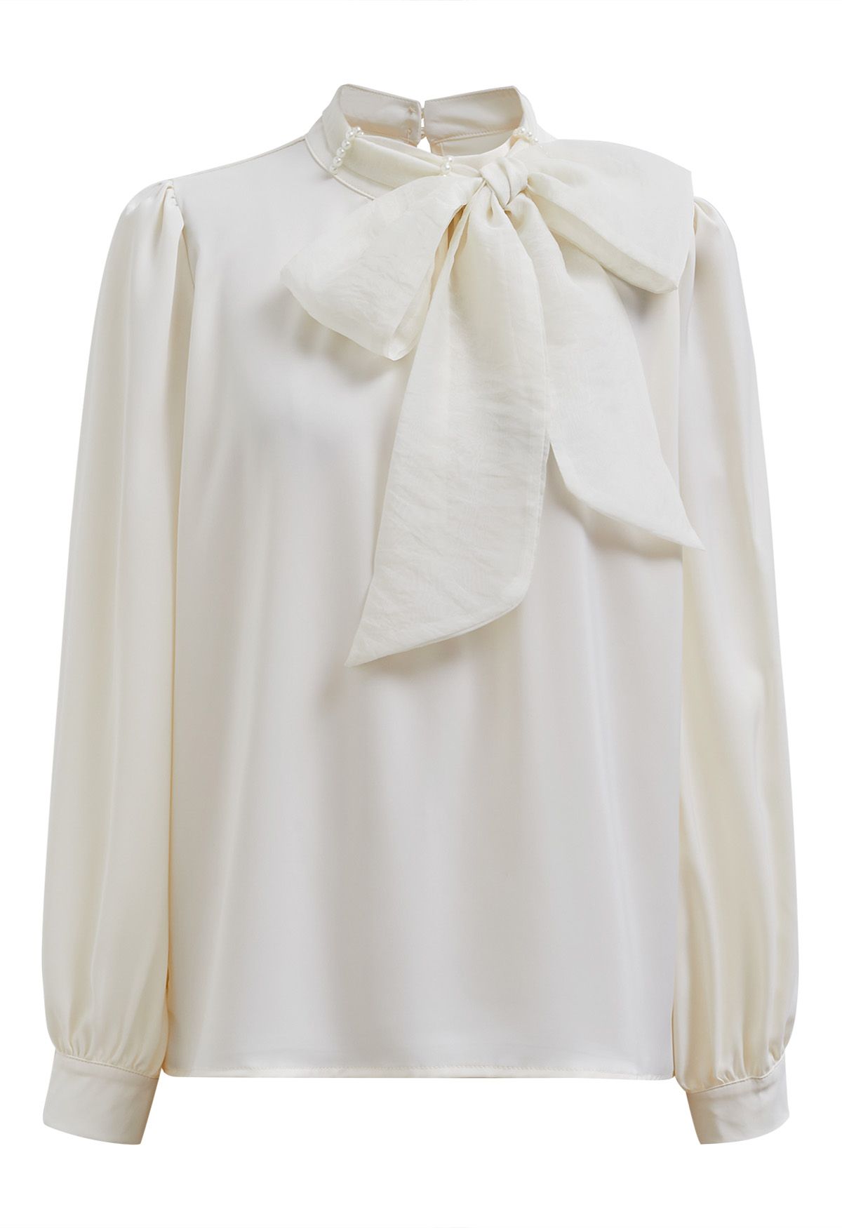 Pearl Neckline Side Bowknot Satin Top in Cream