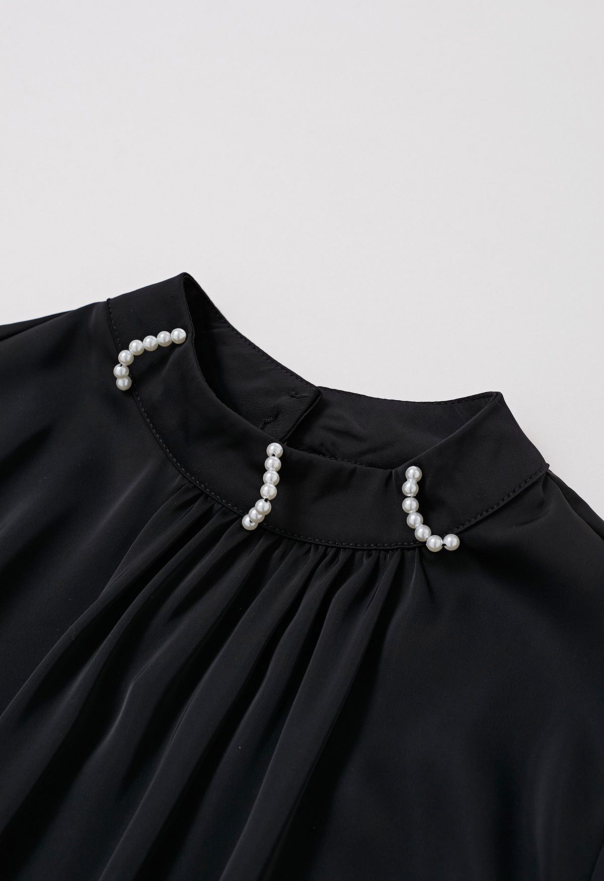 Pearl Neckline Side Bowknot Satin Top in Black