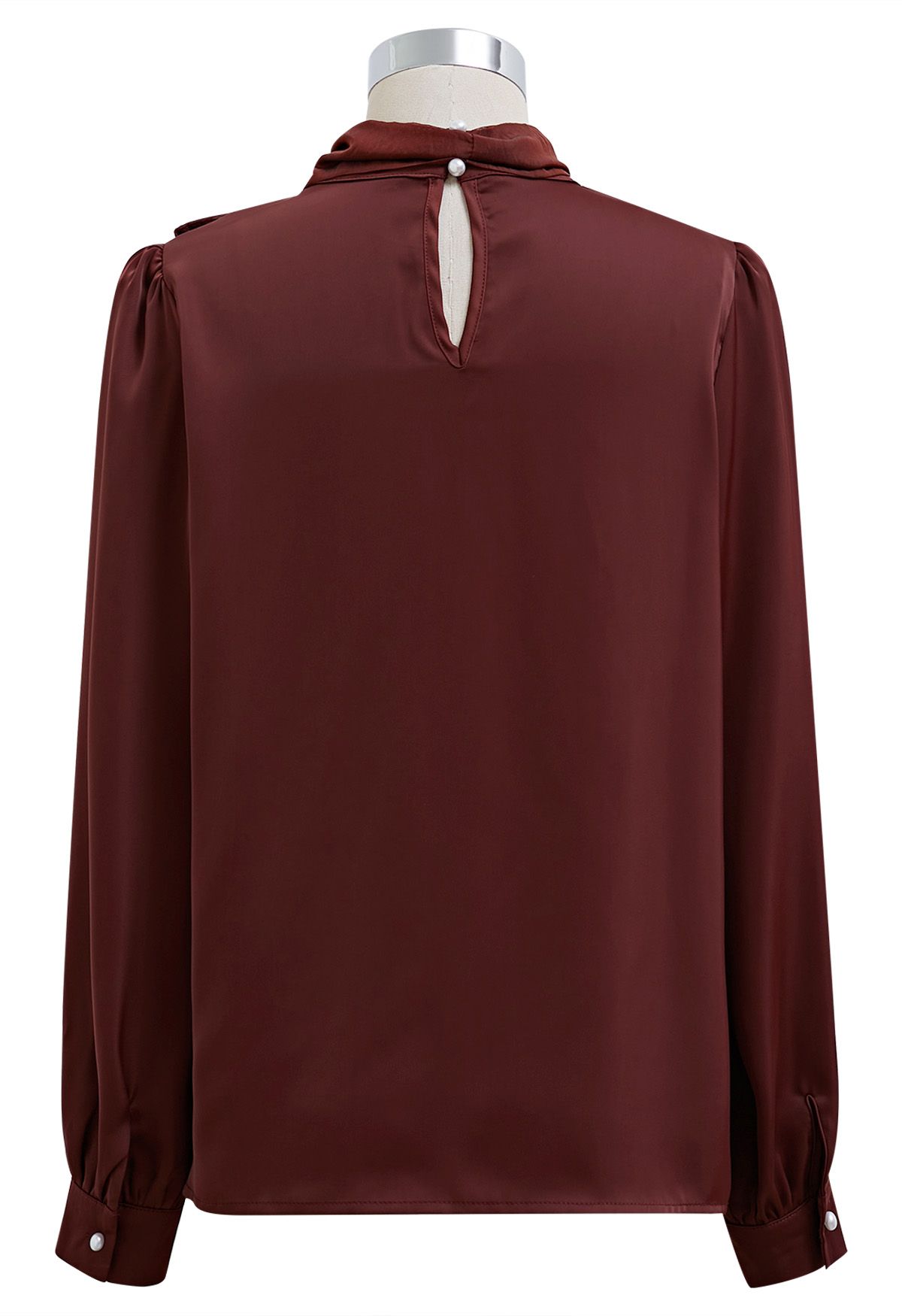 Pearl Neckline Side Bowknot Satin Top in Burgundy