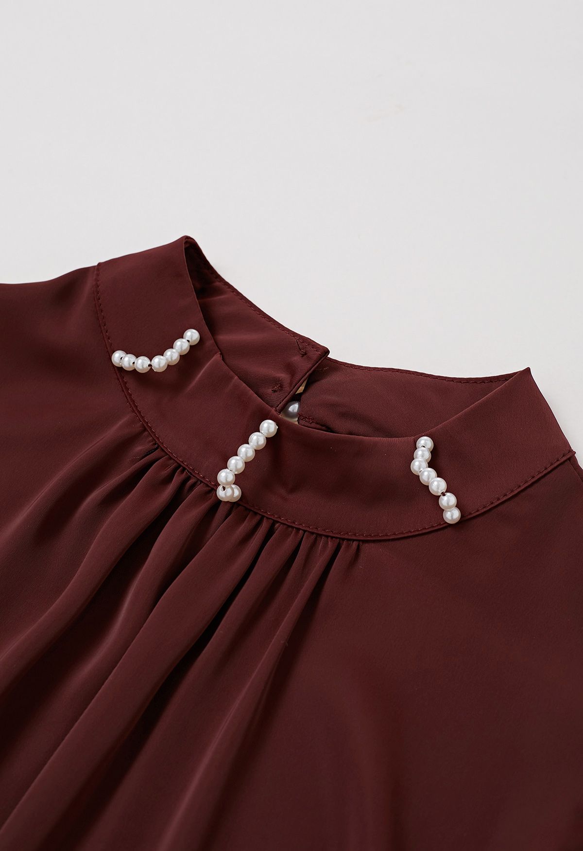 Pearl Neckline Side Bowknot Satin Top in Burgundy