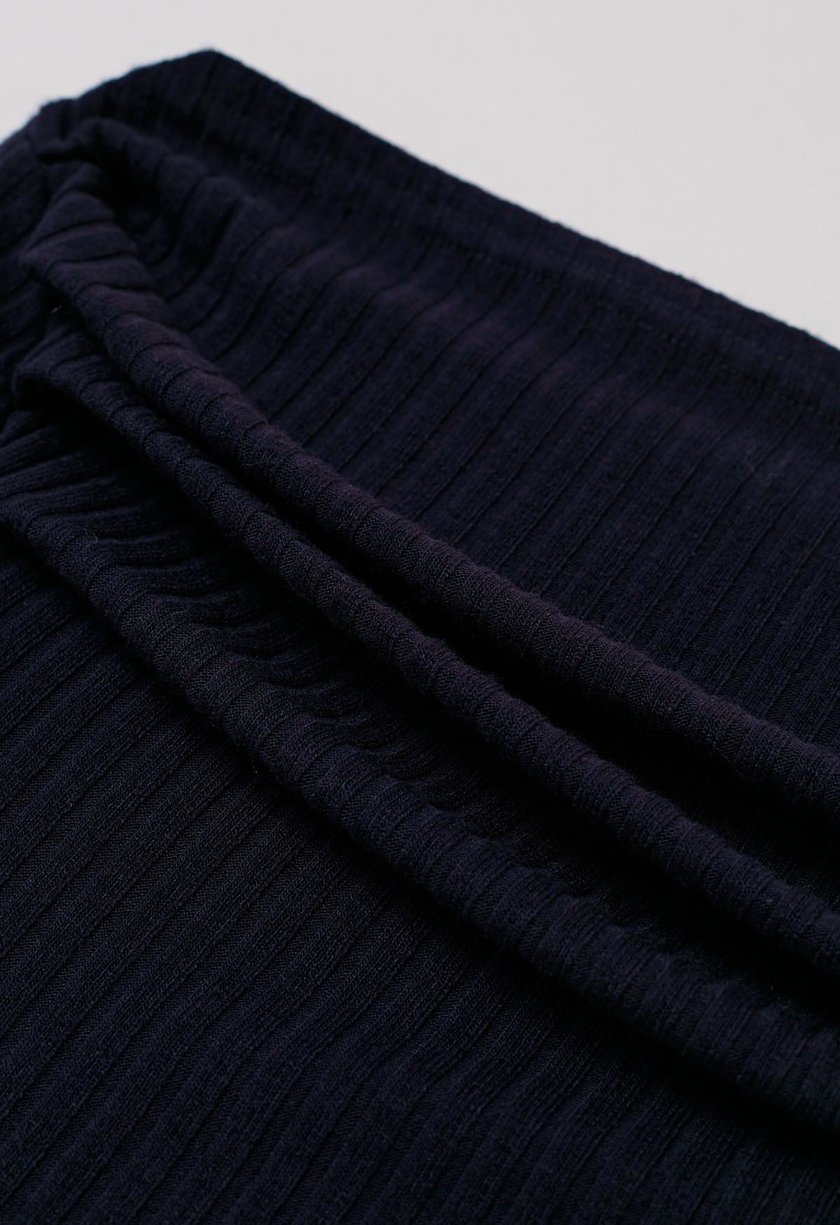 Ribbed Texture Off-Shoulder Ruched Cotton Top in Navy