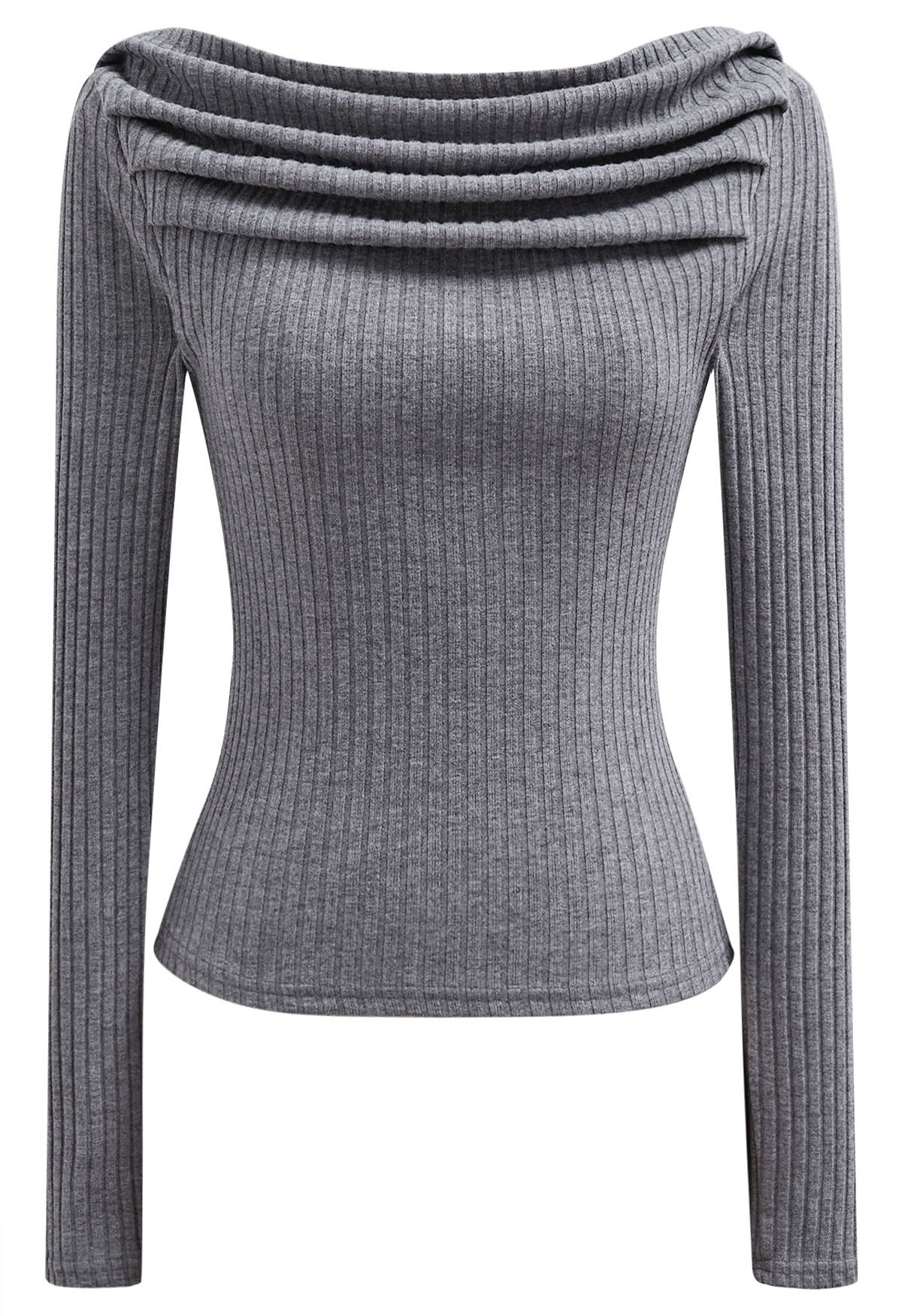 Ribbed Texture Off-Shoulder Ruched Cotton Top in Grey