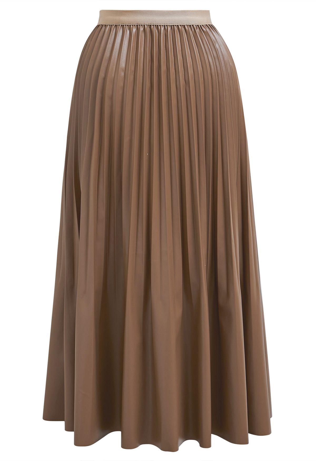 Versatile Faux Leather Pleated Midi Skirt in Brown