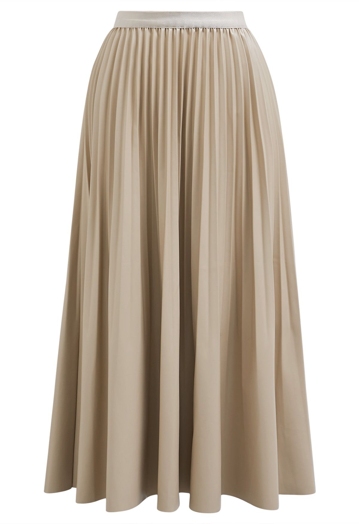 Versatile Faux Leather Pleated Midi Skirt in Sand