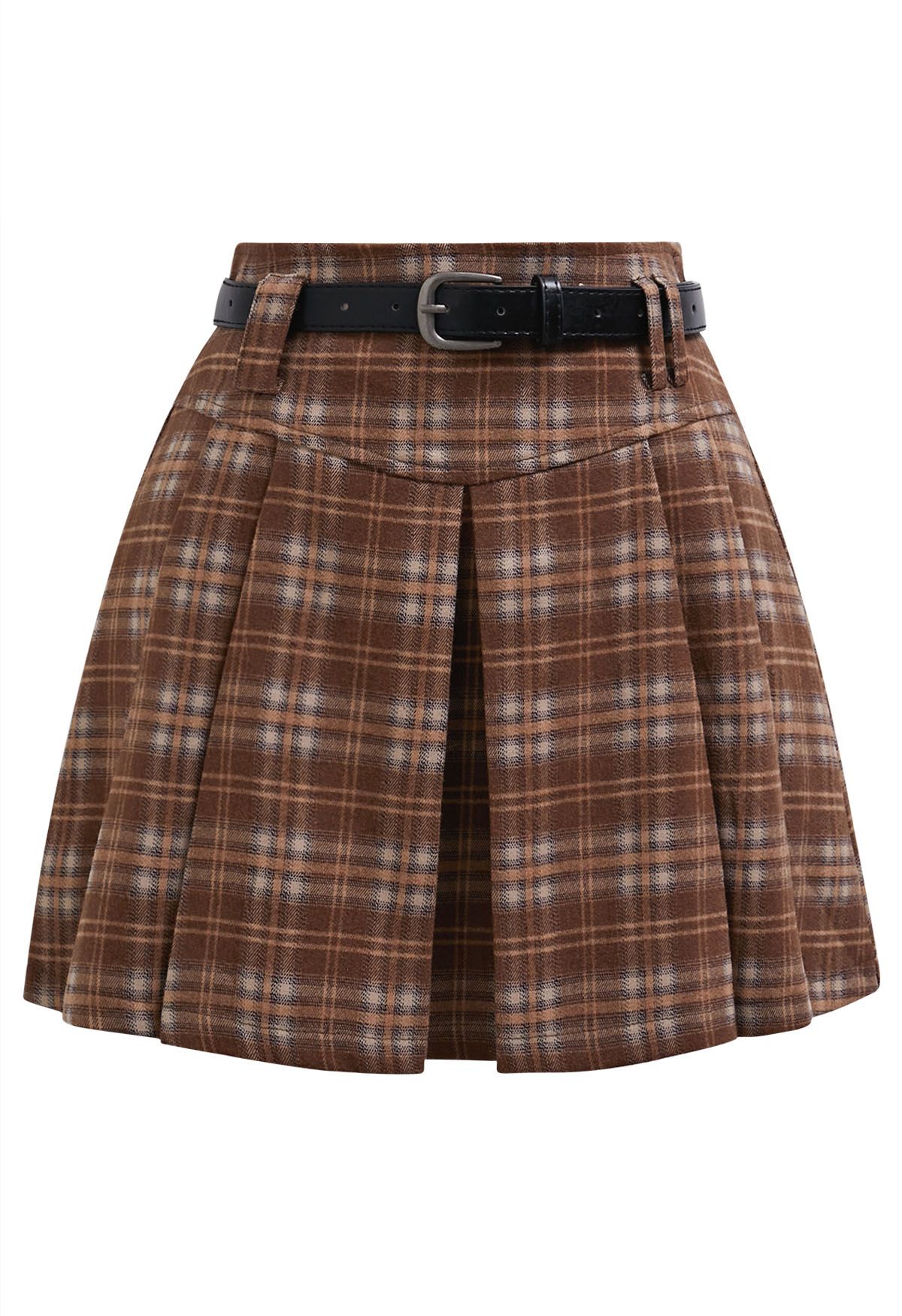 Pretty Plaid Box Pleat Belted Mini Skirt in Rust