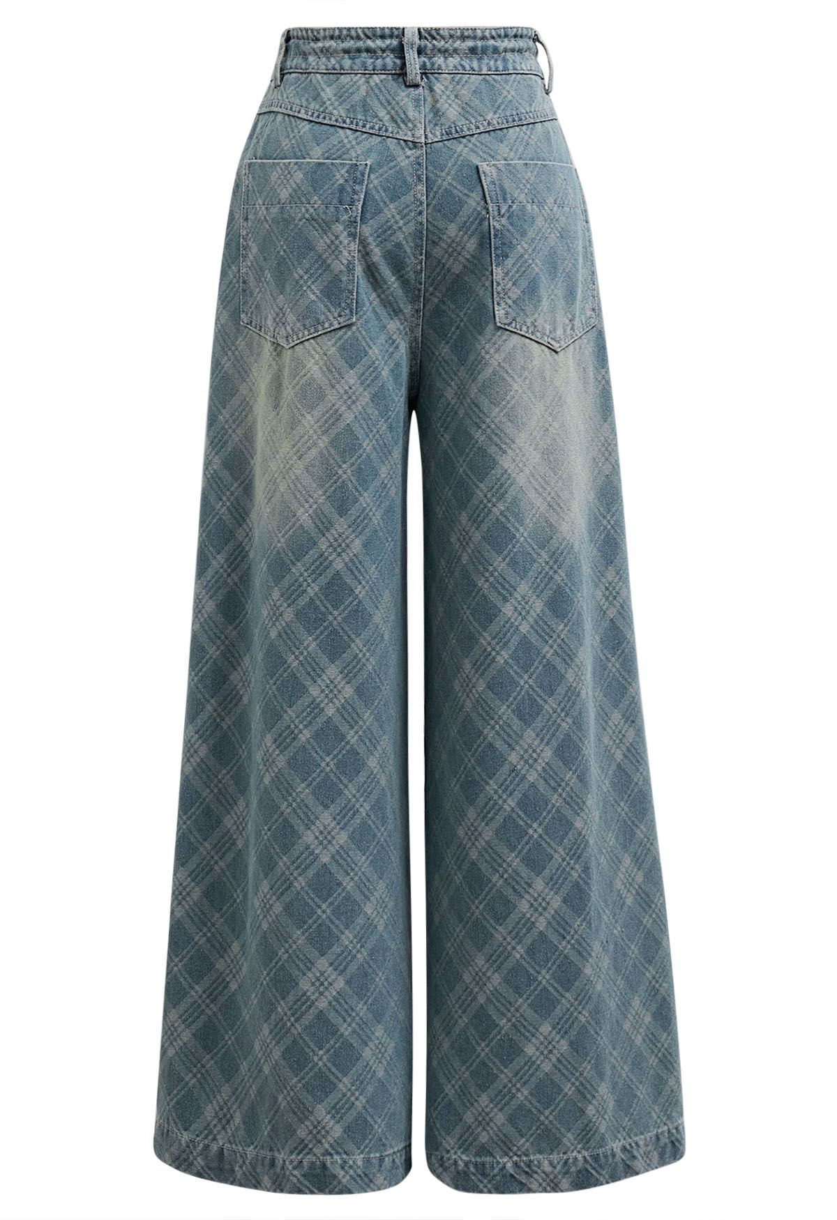 Laid-Back Plaid Drawstring Wide-Leg Jeans