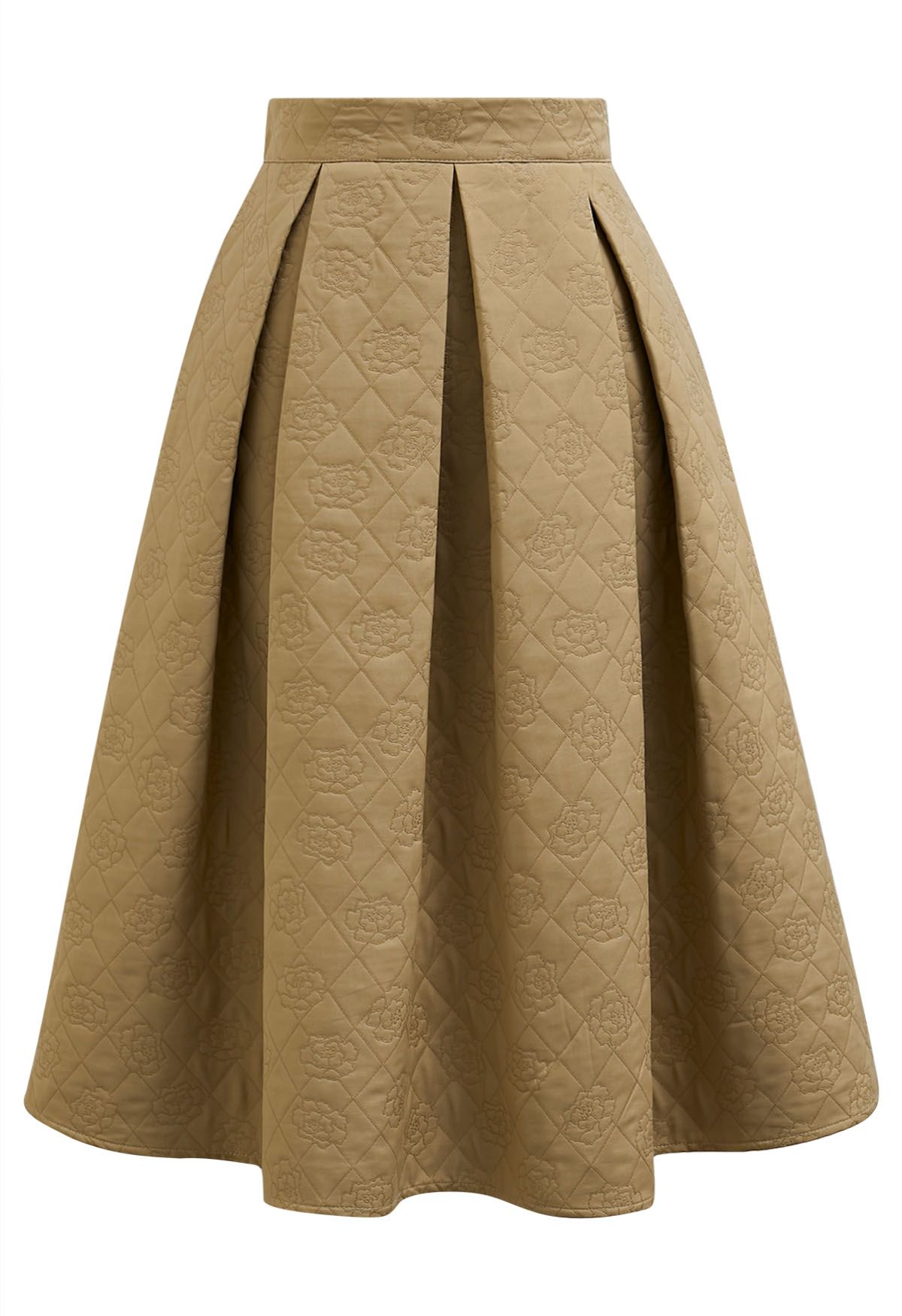 Graceful Silhouette Rose Embossed Pleats Midi Skirt in Gold