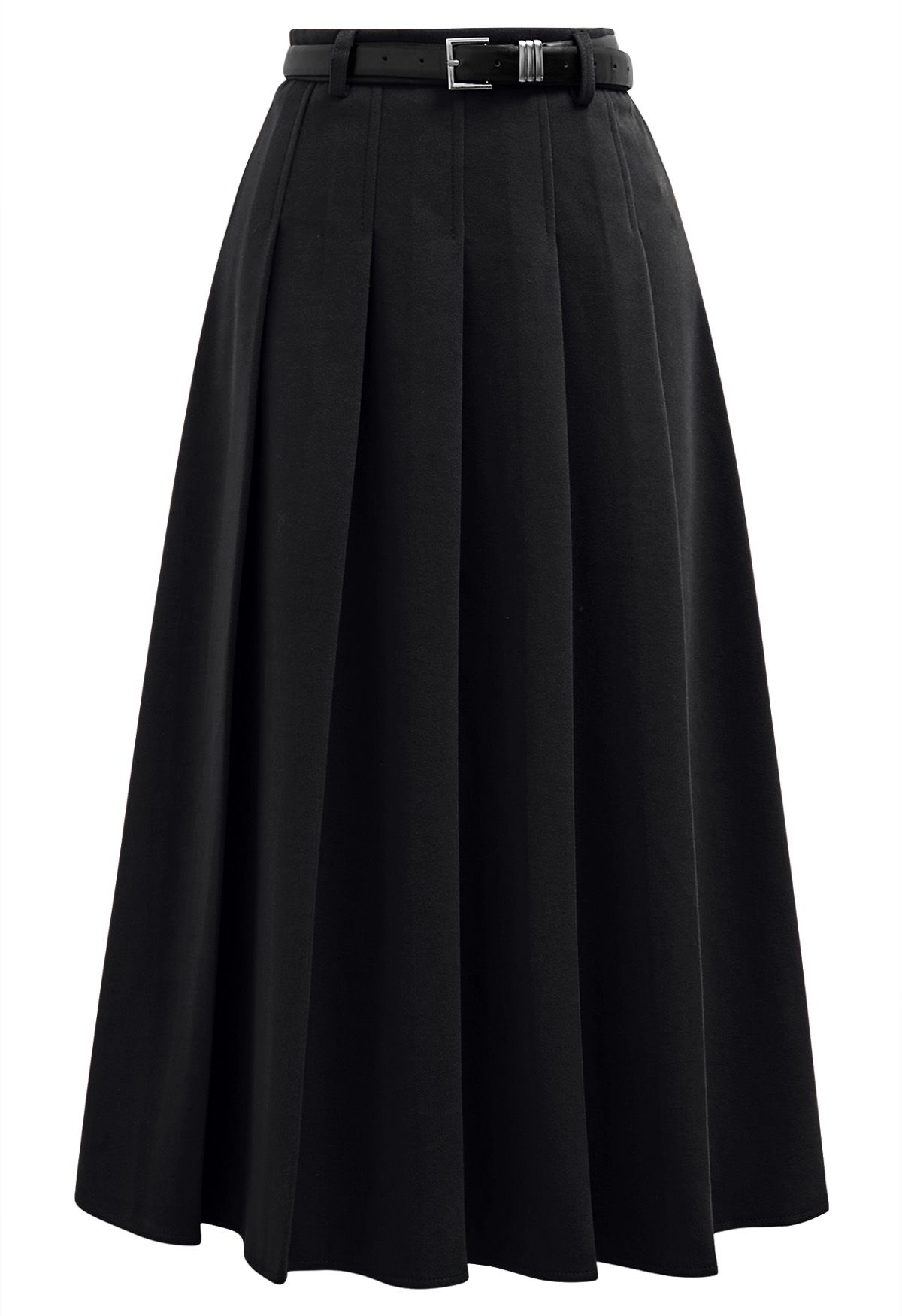 All Seasons Belted Pleated Midi Skirt in Black