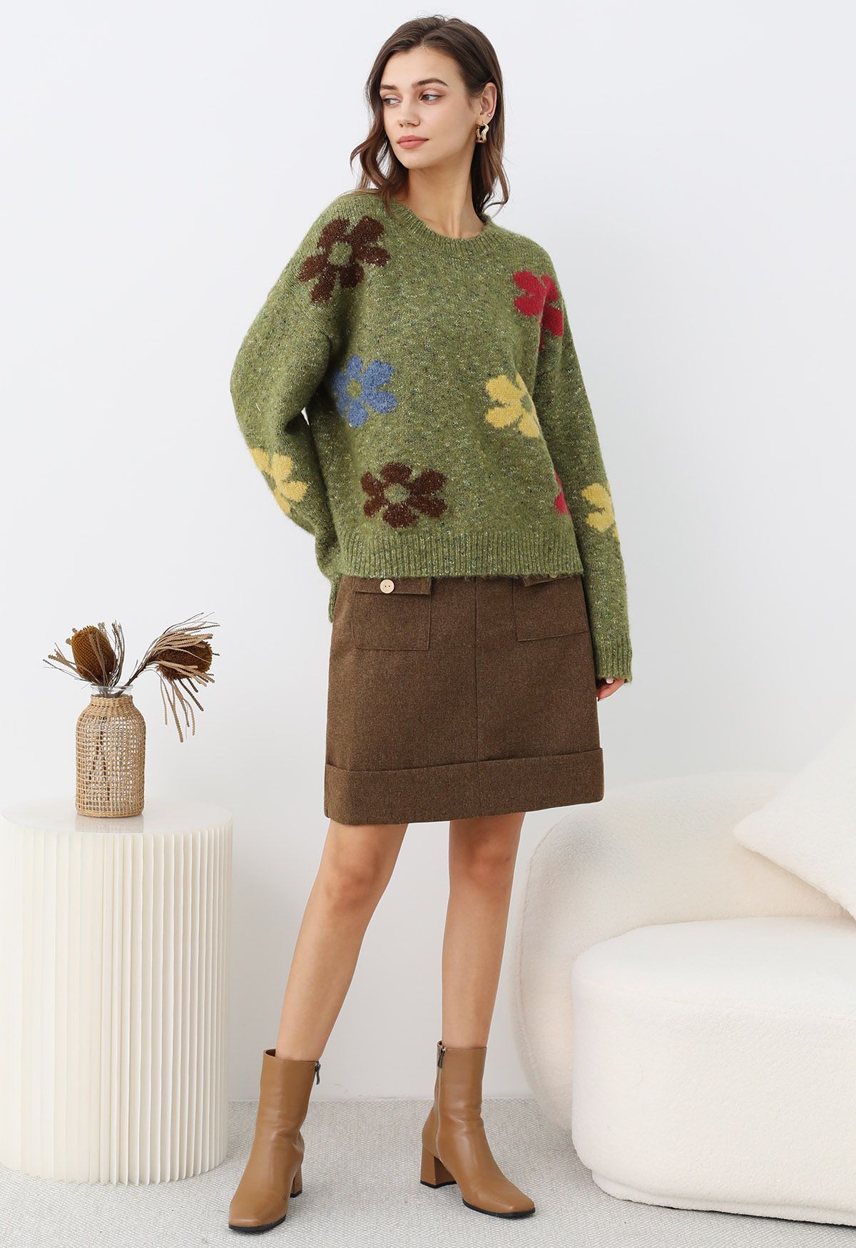 Multicolored Floral Pattern Fuzzy Knit Sweater in Moss Green