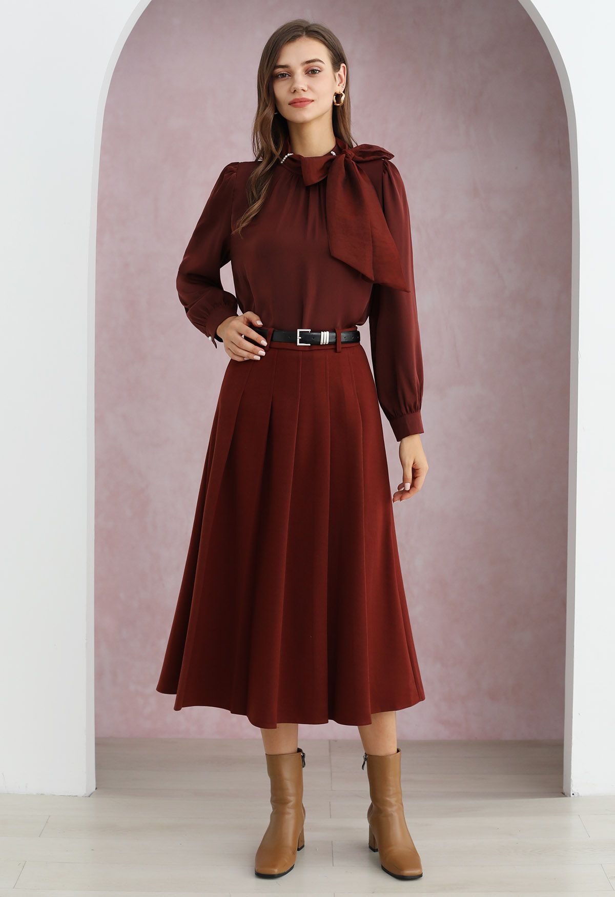 All Seasons Belted Pleated Midi Skirt in Red