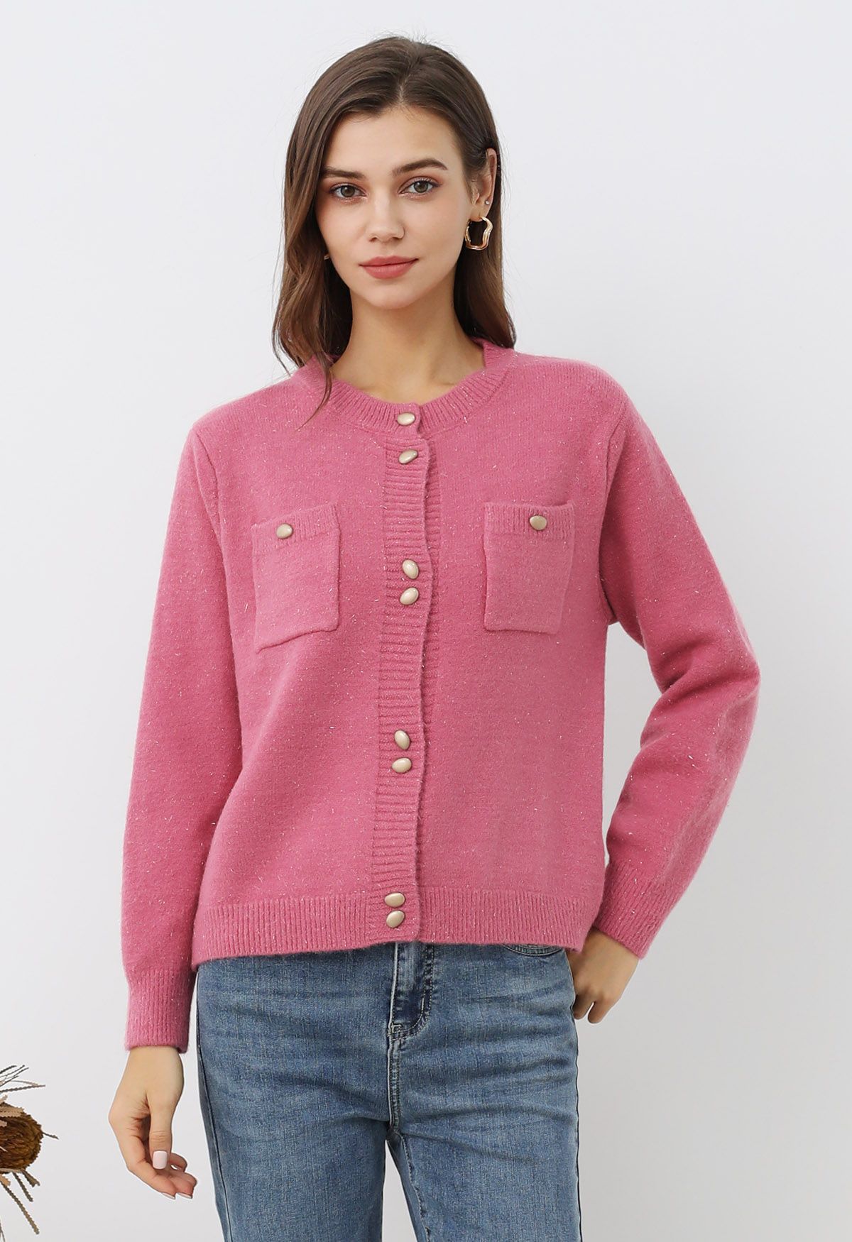 Stylish Button Shimmer Fringe Knit Cardigan in Candy Pink