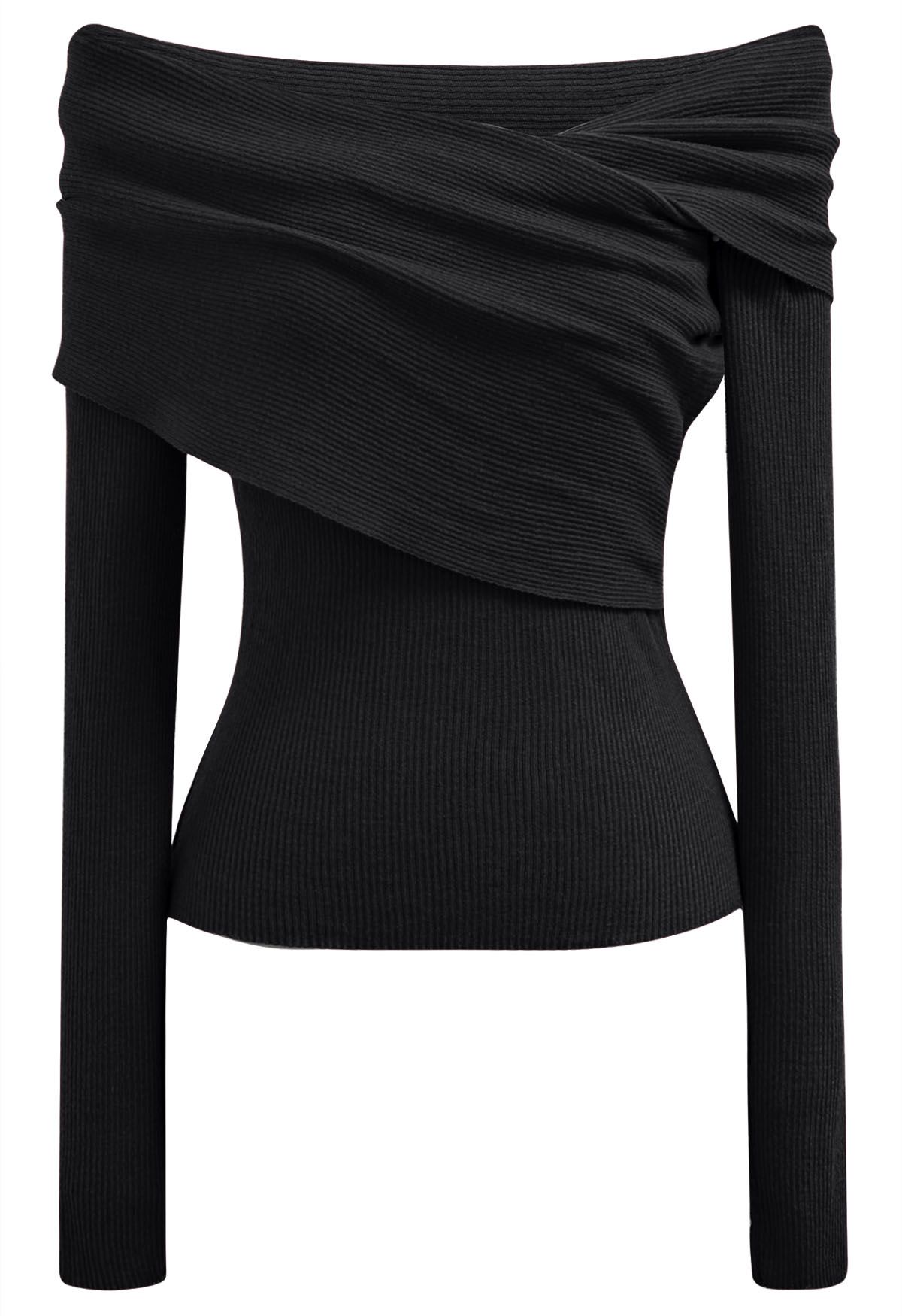 Soft Elegance Off-Shoulder Flap Knit Top in Black