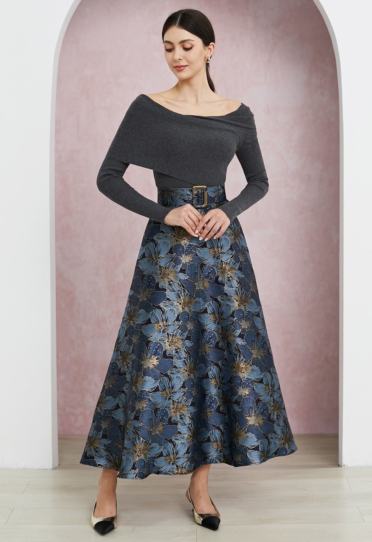 Opulent Bloom Jacquard Belted Flare Maxi Skirt