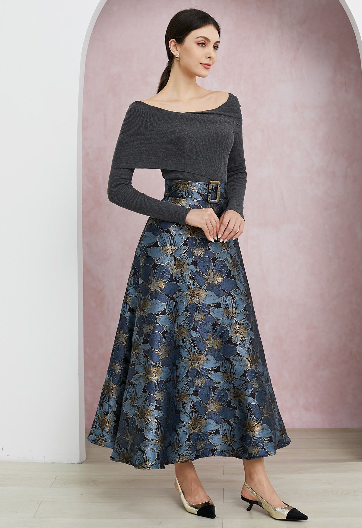 Opulent Bloom Jacquard Belted Flare Maxi Skirt