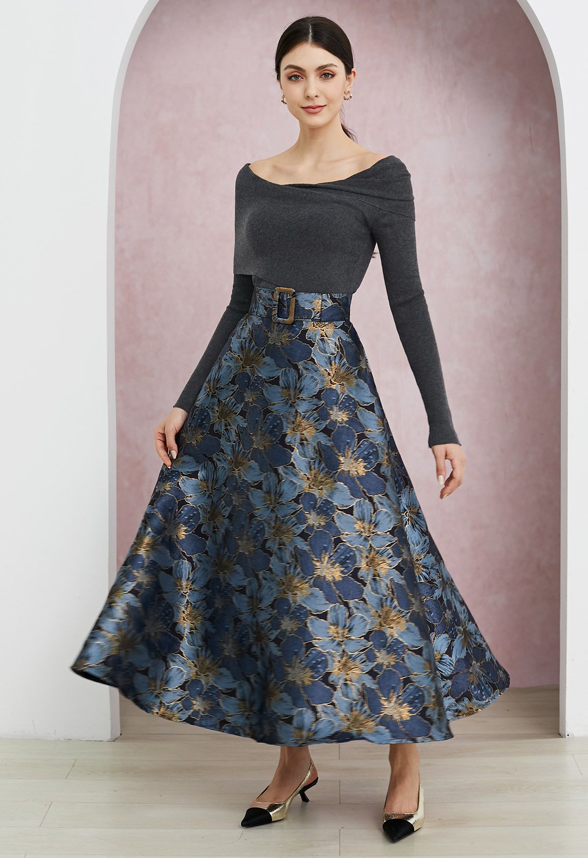 Opulent Bloom Jacquard Belted Flare Maxi Skirt