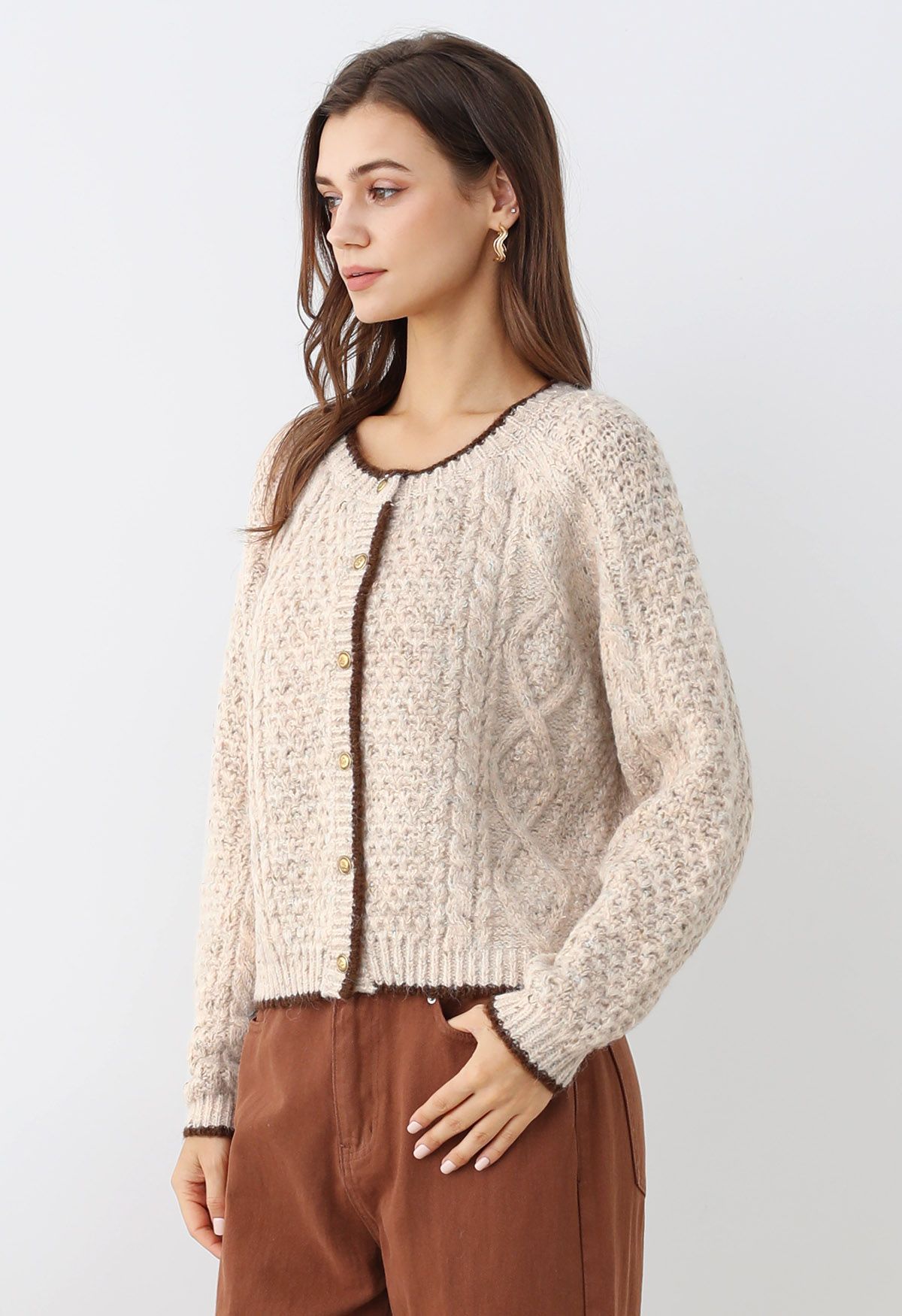 Contrast Edges Braided Knit Buttoned Cardigan in Oatmeal