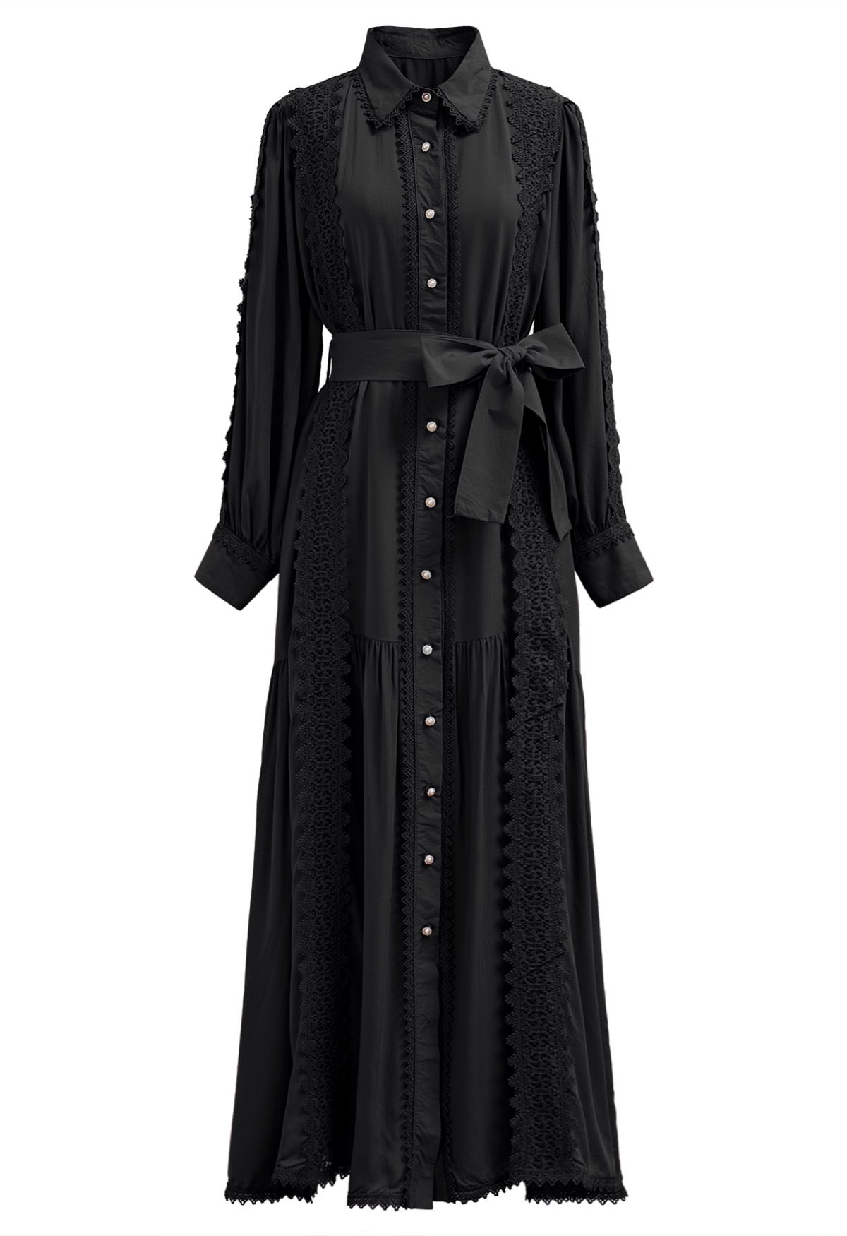 Captivating Lace Tie-Waist Button Down Maxi Dress in Black