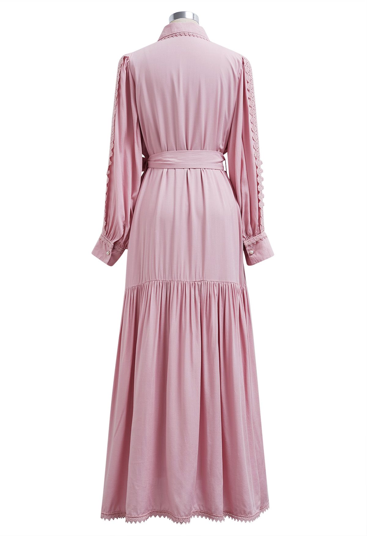 Captivating Lace Tie-Waist Button Down Maxi Dress in Pink