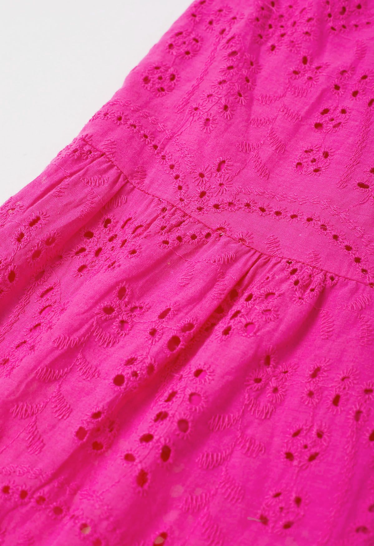 Delicate Eyelet Embroidery Tie-Waist Buttoned Midi Dress in Hot Pink