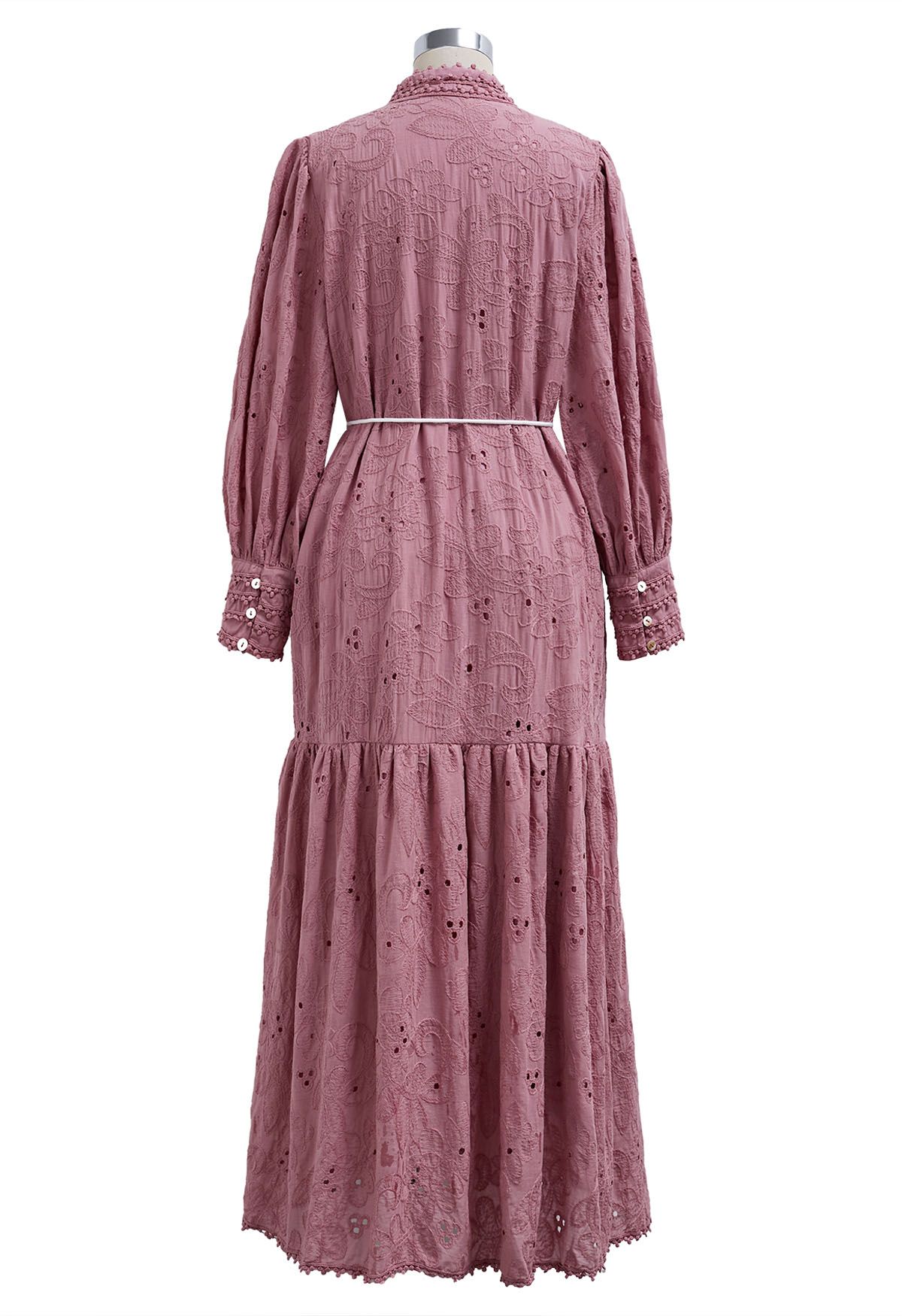 Floral Eyelet Embroidery Tassel String Buttoned Maxi Dress in Mauve