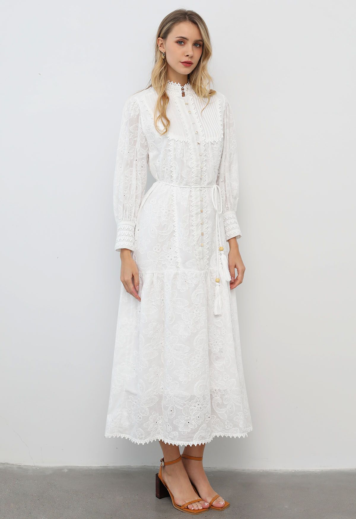 Floral Eyelet Embroidery Tassel String Buttoned Maxi Dress in White