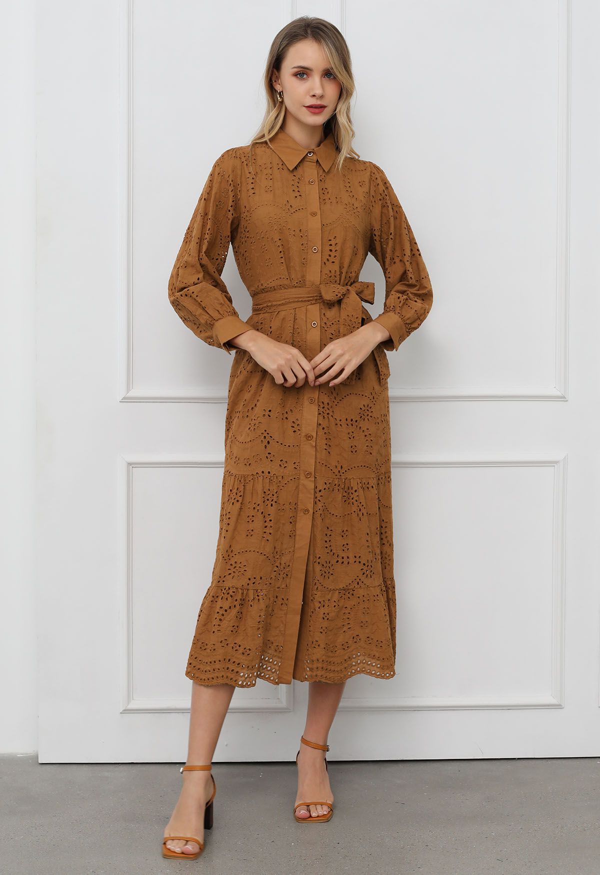 Delicate Eyelet Embroidery Tie-Waist Buttoned Midi Dress in Tan