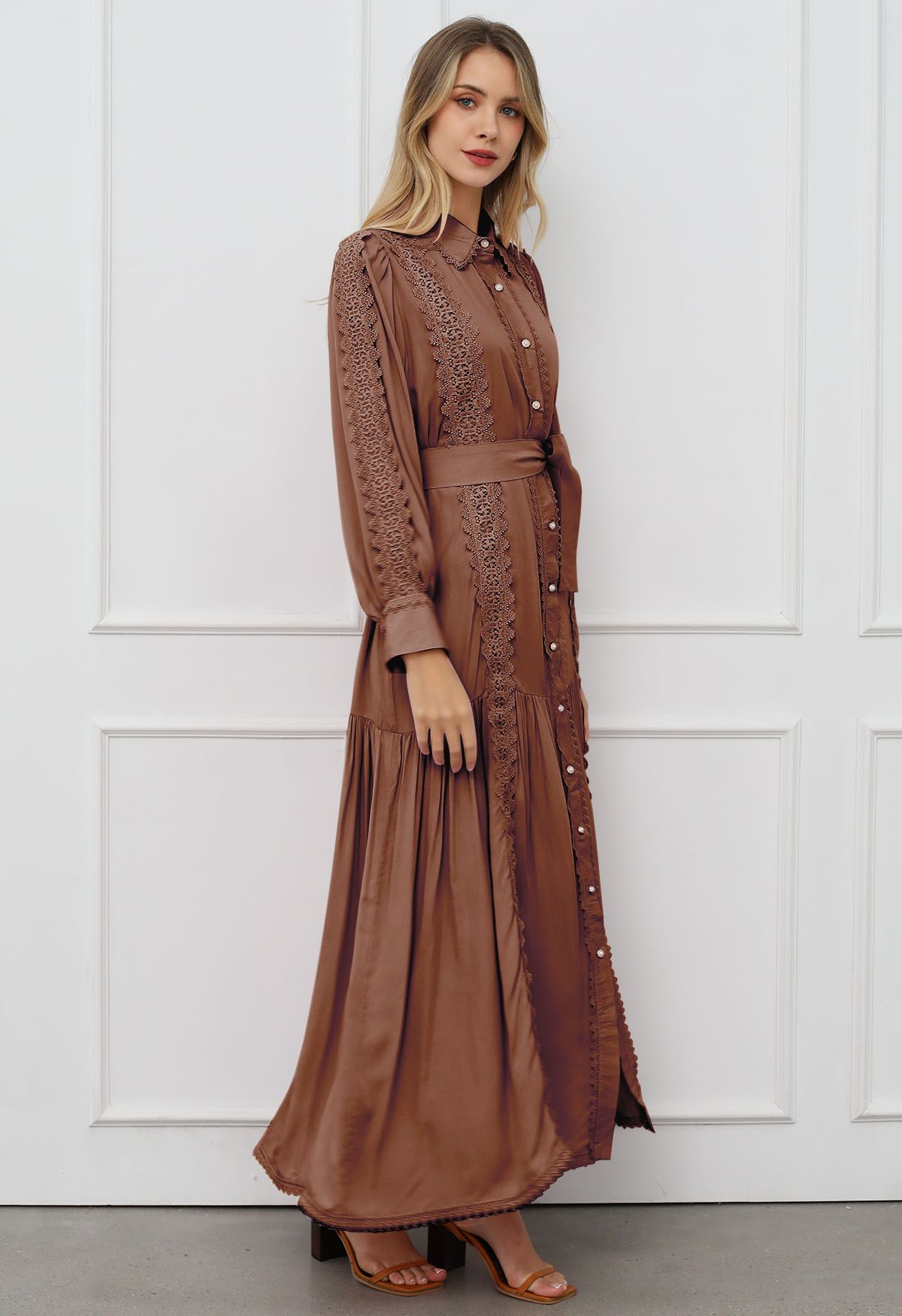 Captivating Lace Tie-Waist Button Down Maxi Dress in Brown