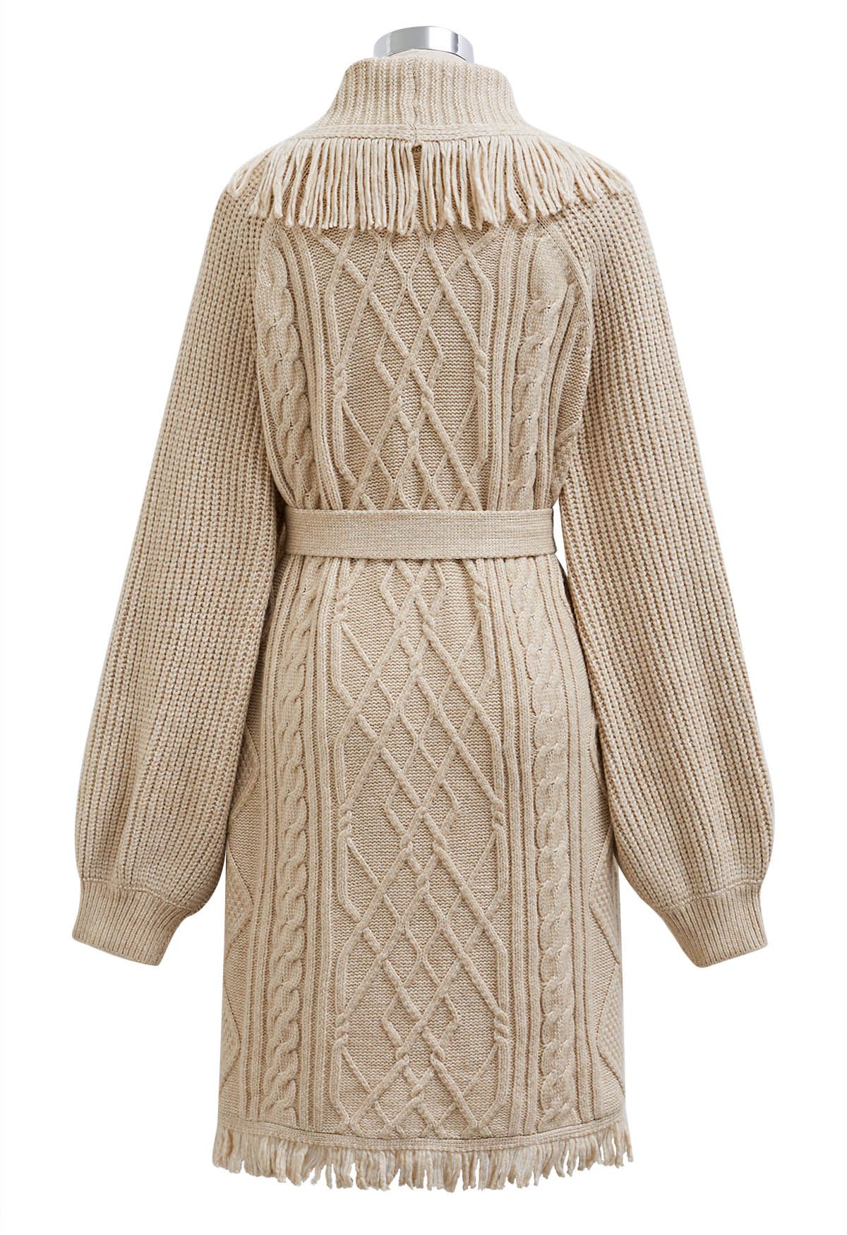 Fringe Trim Cable Knit Belted Cardigan in Oatmeal