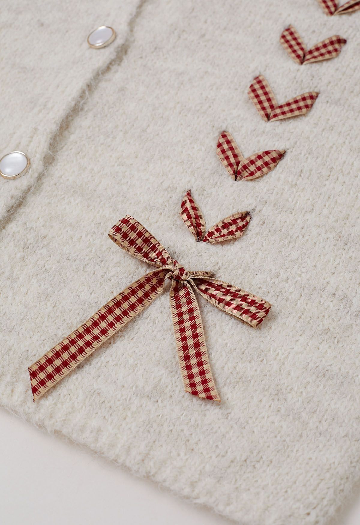 Gingham Ribbon Lace-Up Fuzzy Knit Cardigan in Oatmeal