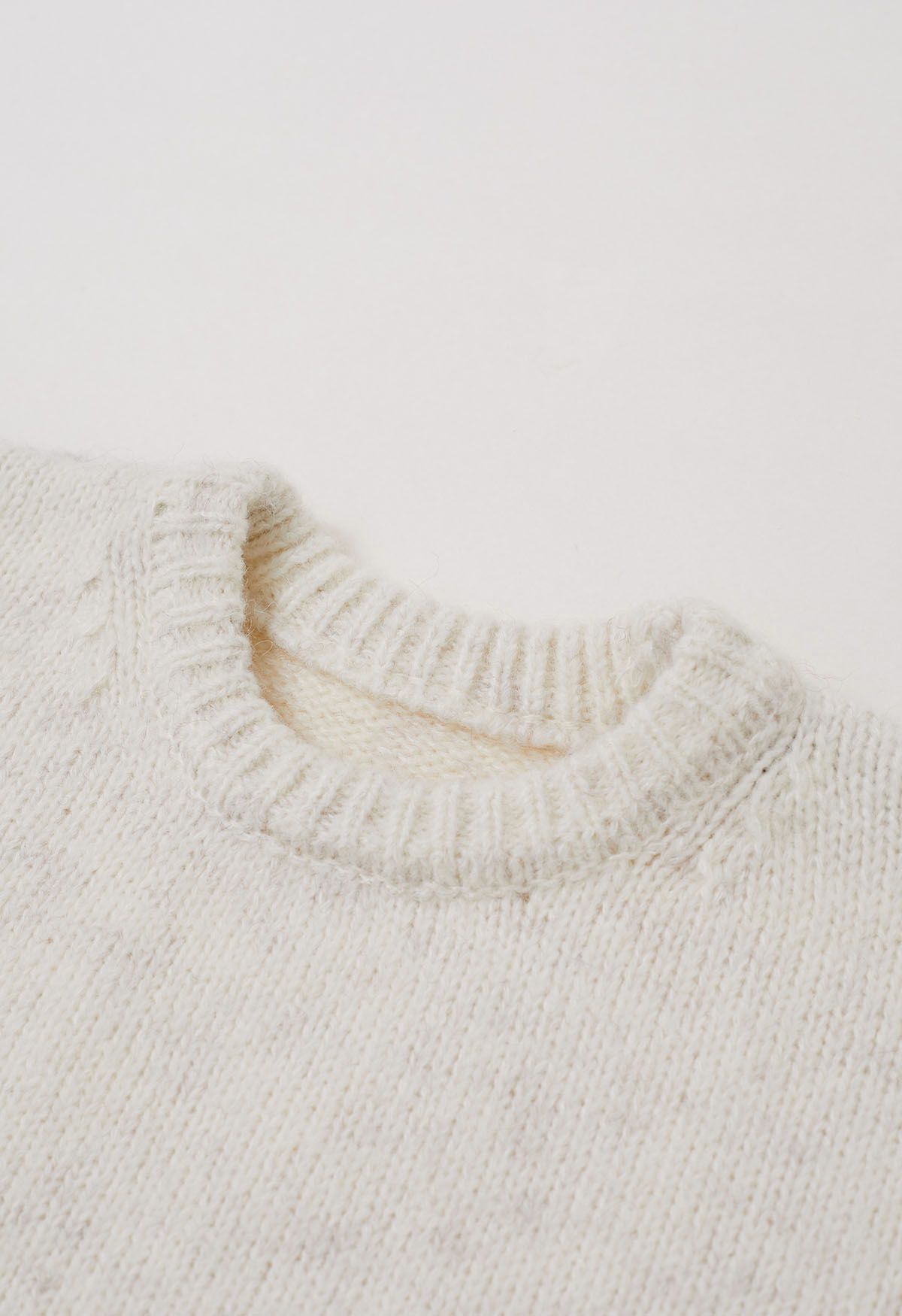 Whipstitch-Trimmed Dropped Shoulder Knit Sweater in Cream